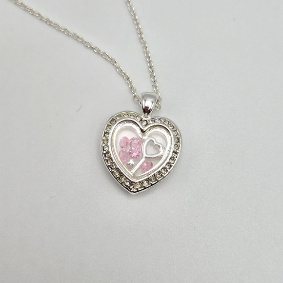 Heart Necklace Silvertone Keepsake Pendant Pink White Rhinestone Dainty Twee NEW - Picture 10 of 12